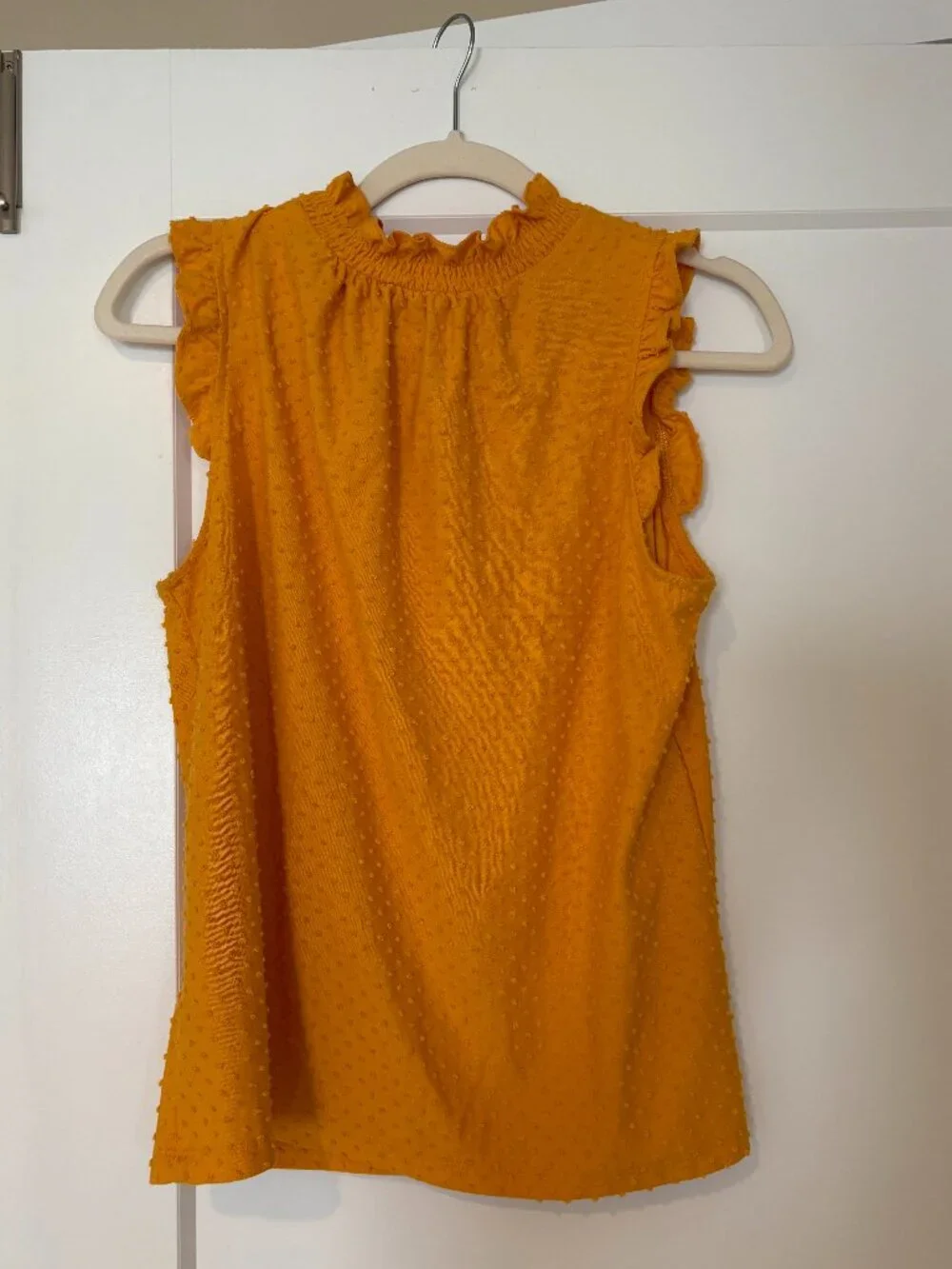 J.Crew Mustard Swiss Dot Ruffle Mock Neck Sleeveless Top Size Small